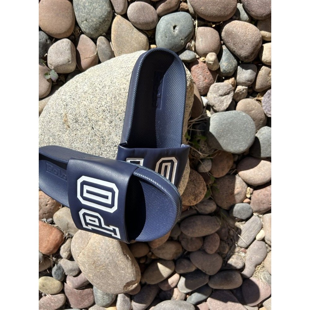 Men's Polo Ralph Lauren Cayson Slide Sandals BIG POLO Logo BLUE WHITE Size 10